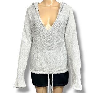 Old Navy Womens Y2K Hooded Sweater Pullover Long Sleeves V Neck Gray Silver Med